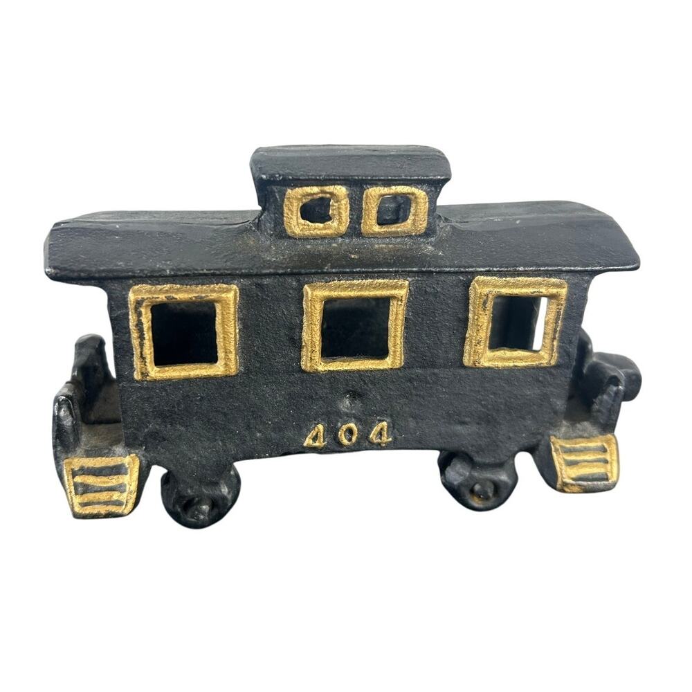 Vintage Cast Iron Train Section-Caboose Black Gold 404- 5.5x3.5" wheels roll